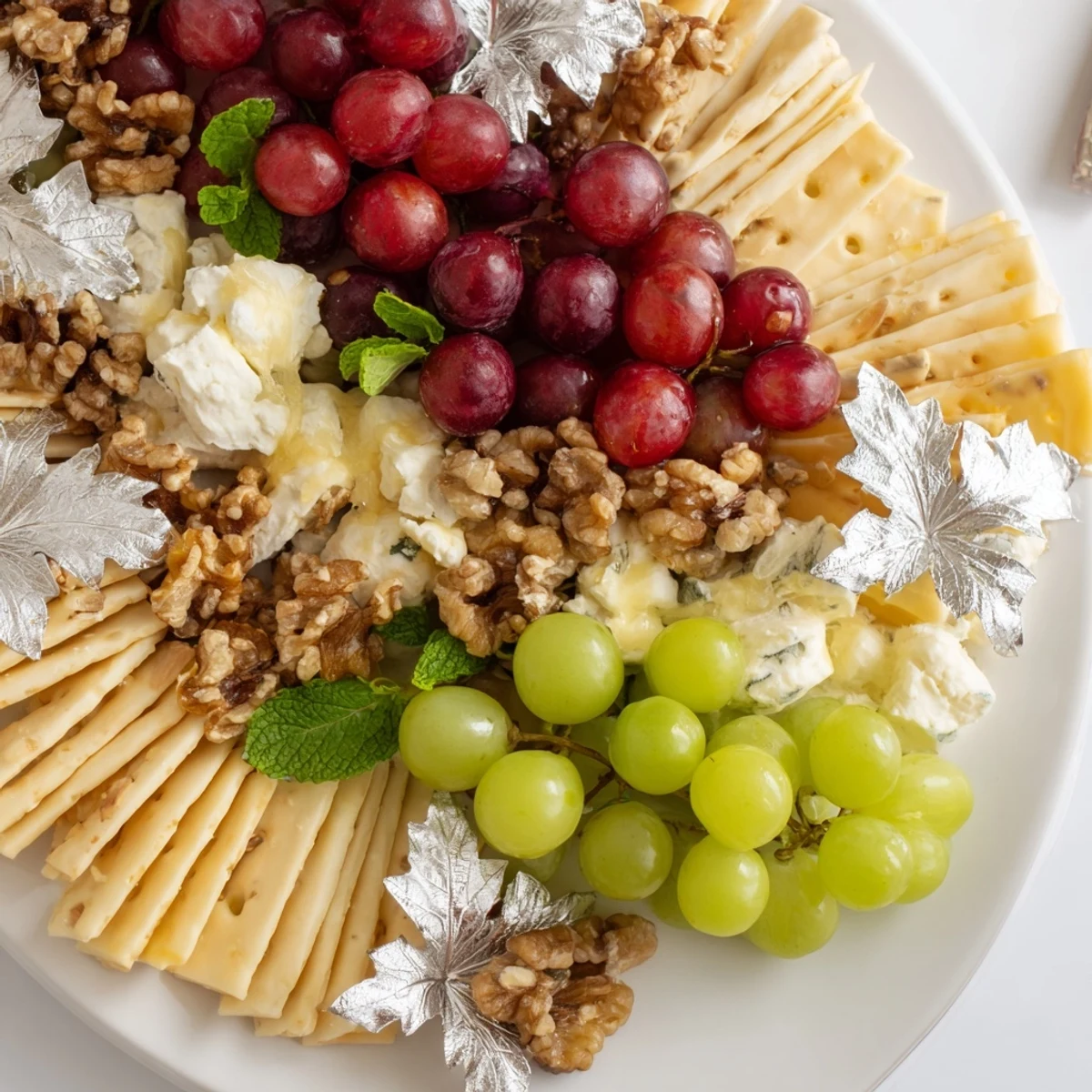Sparkling Grape and Silver Cracker Platter, a visually stunning appetizer featuring fresh grapes and creamy cheeses.