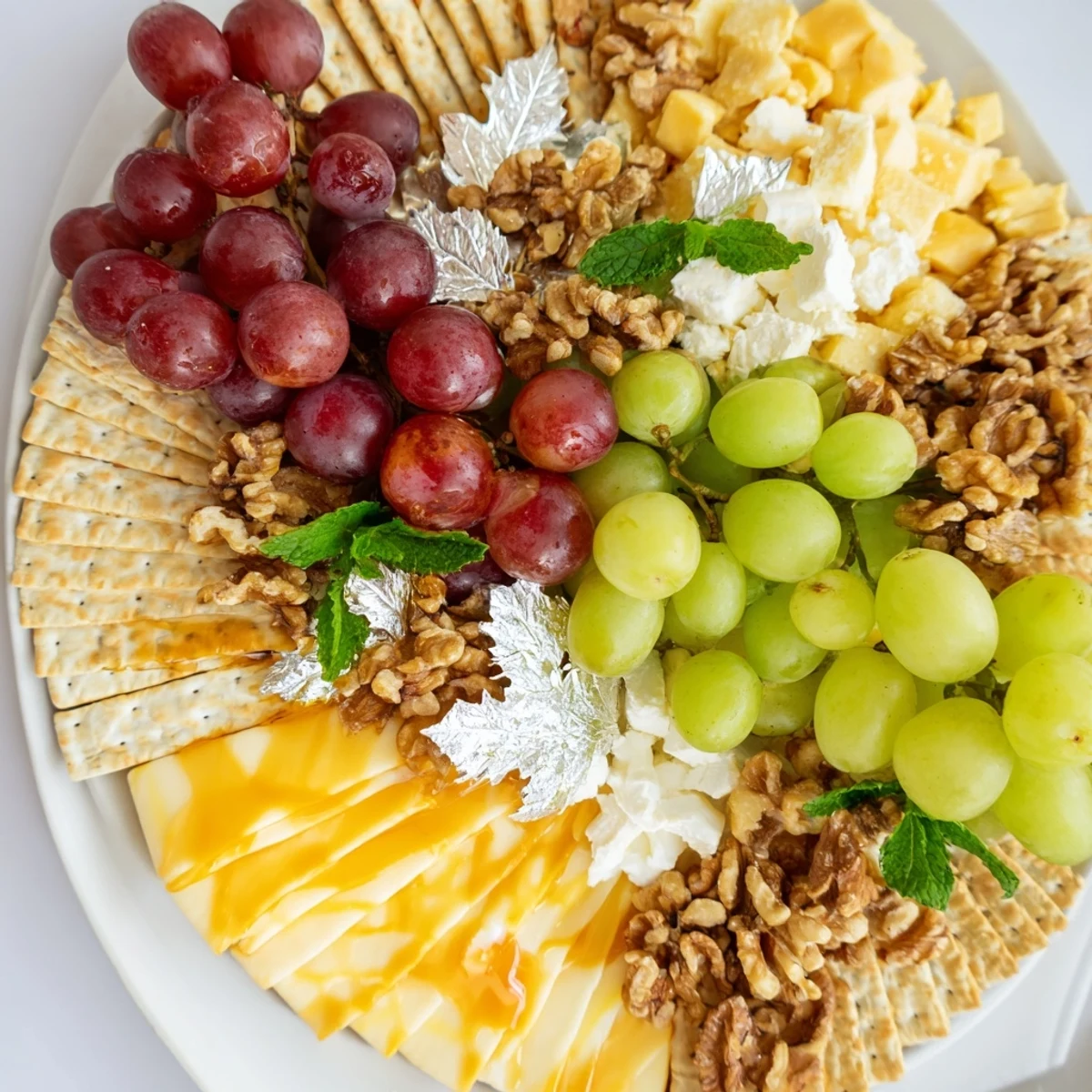 This Sparkling Grape and Silver Cracker Platter bursts with flavor from the grapes and offers elegant party food choices.