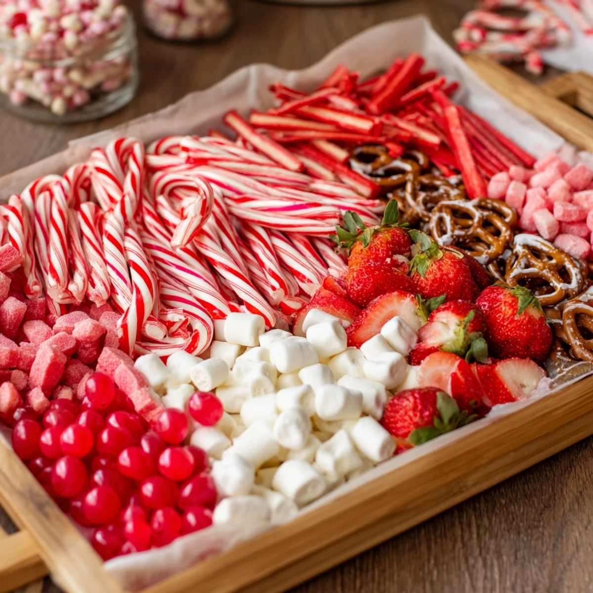 Festive Sweet Board: red and white candies shine, inviting you to enjoy this holiday treat.