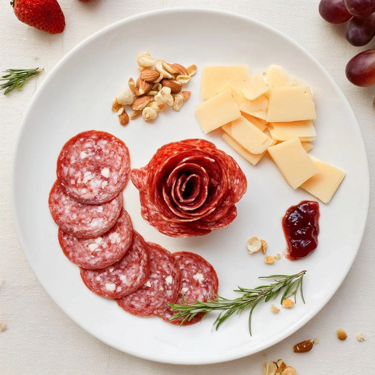This vibrant single-serve Easy Charcuterie: Salami Rose board showcases a beautifully arranged appetizer, ready to eat.