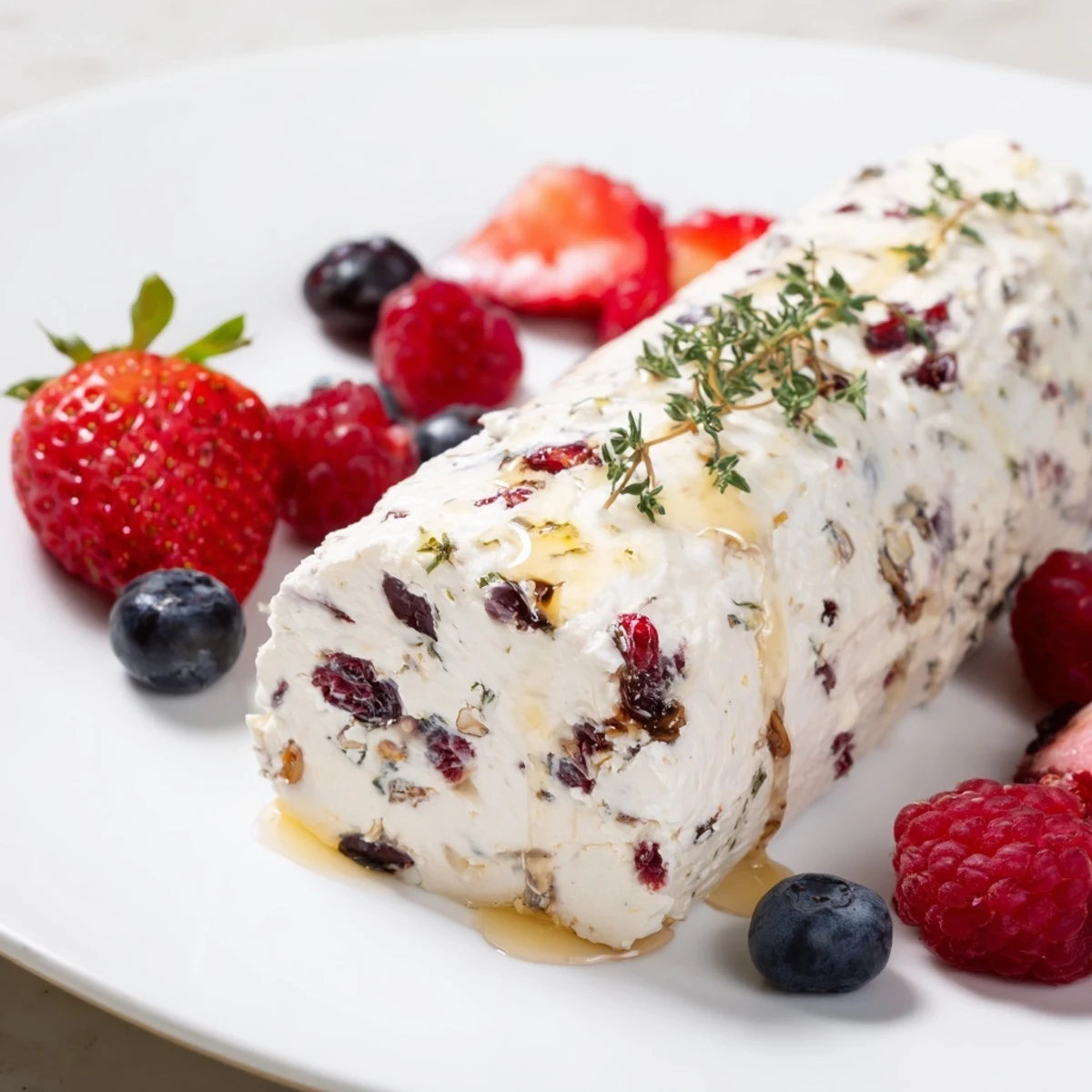 Tangy dried cranberries speckle the goat cheese log, beautifully contrasted by juicy berries in this appetizer.