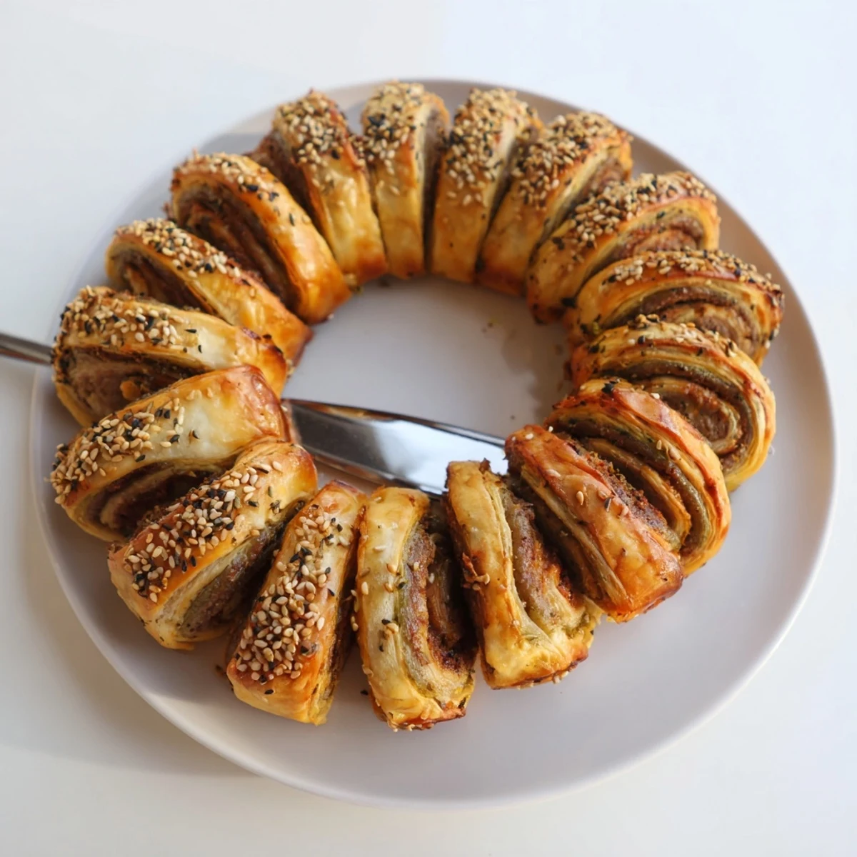 Golden mini sausage roll wreath, a delicious savory appetizer with flaky pastry and flavorful sausage.