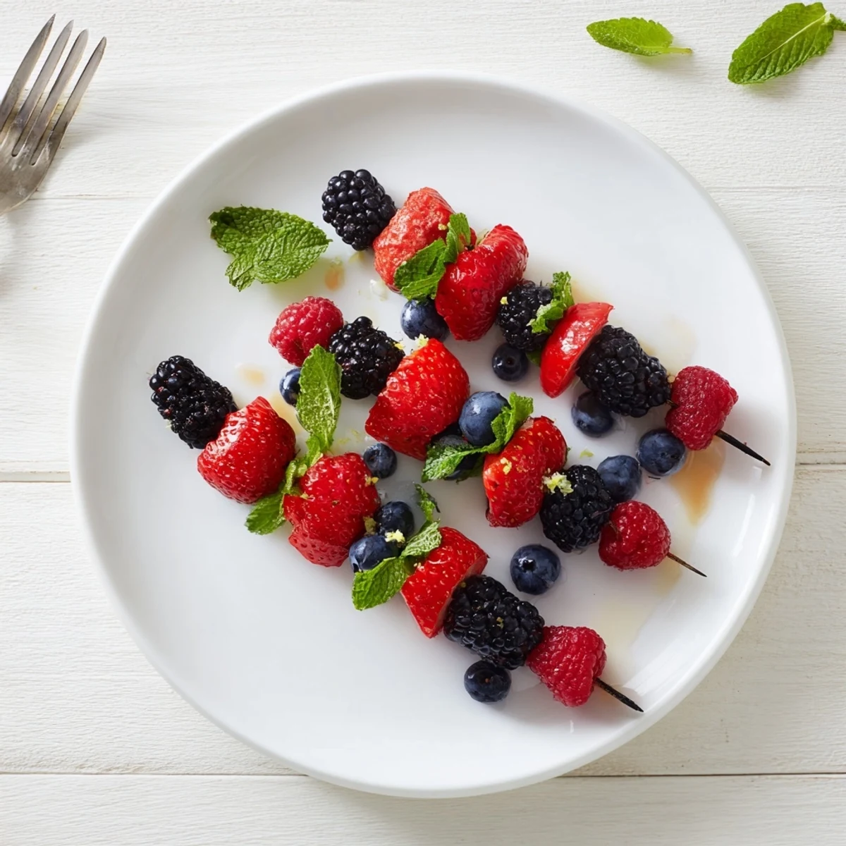 Skewers overflowing with juicy berries and mint leaves; a simple and colorful fruit skewer recipe.