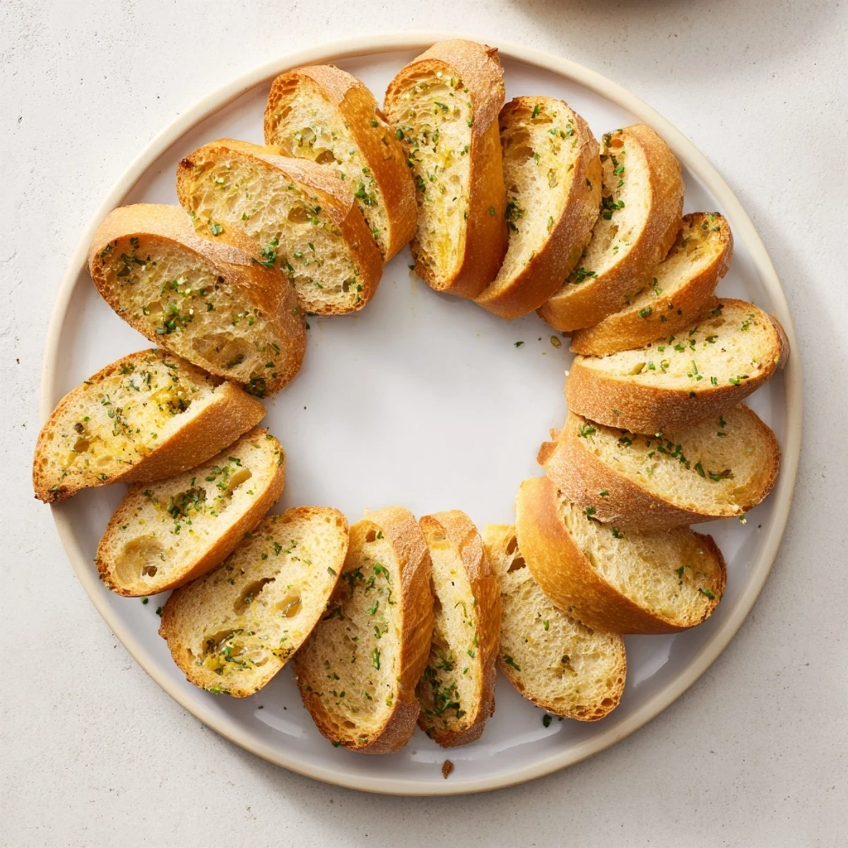 Golden, toasted baguette slices forming an inviting circle, perfect for dipping or sharing.