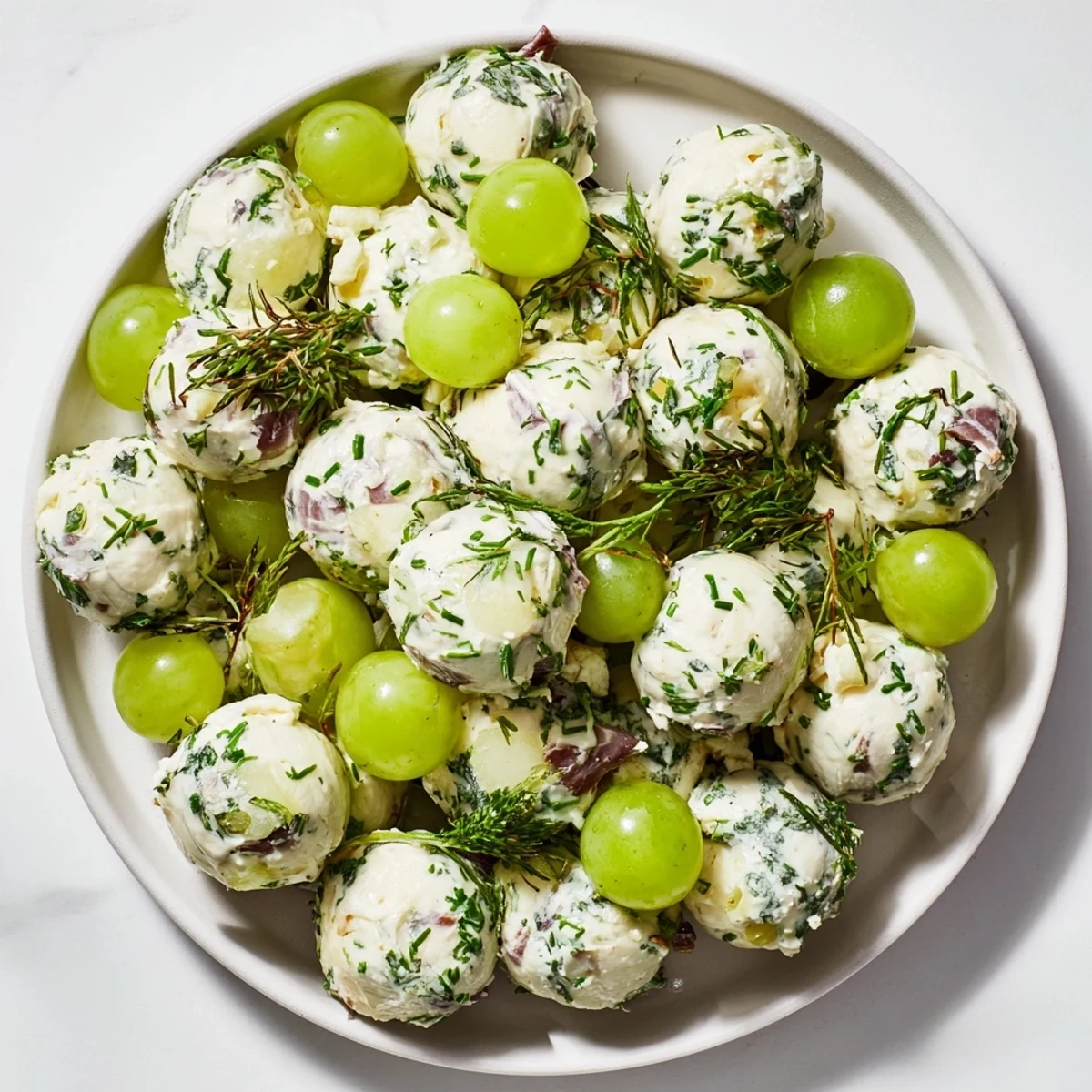 This stunning Mistletoe Kissing Ball presents a cheese and grape appetizer ready for serving at a party.