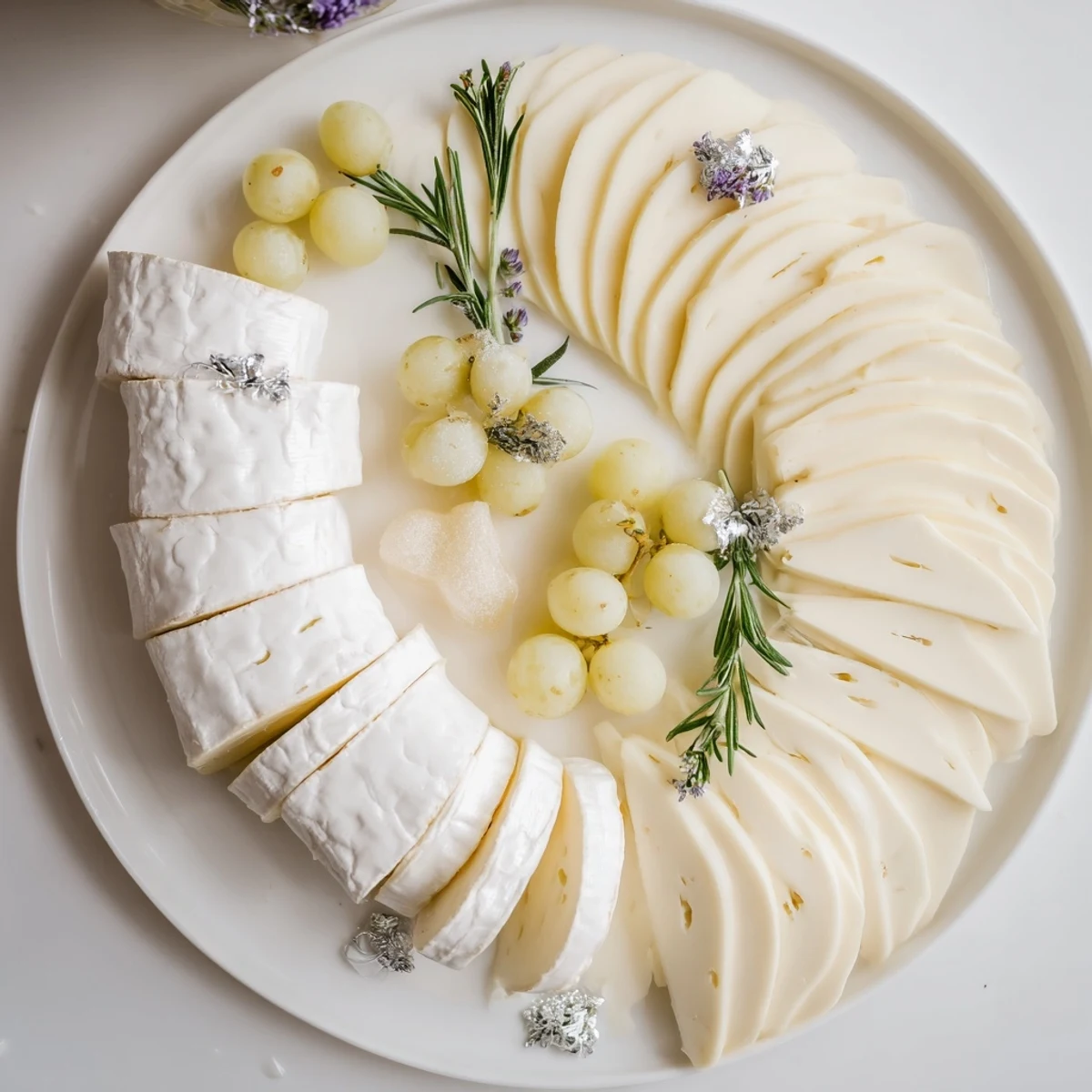 The Winter Wonderland Platter features an artful arrangement of white cheeses, nuts, and crackers, beautifully presented.