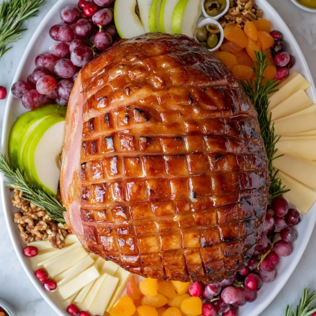A glistening, glazed ham centerpiece board, a festive holiday dish perfect for sharing.