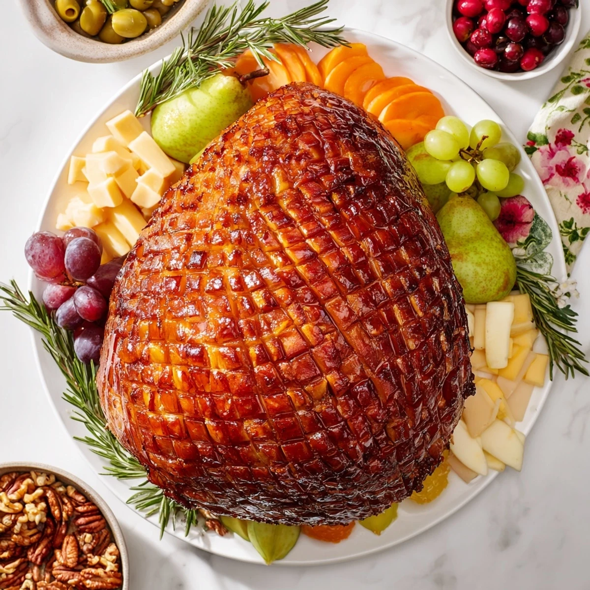 Warm, glazed ham is the star of this centerpiece board, surrounded by beautiful accompaniments.