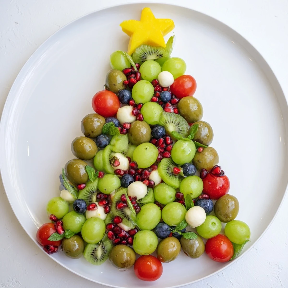 Vibrant appetizer shows a Christmas Tree Triangle Board with jewel-toned toppings and fresh rosemary sprigs throughout.