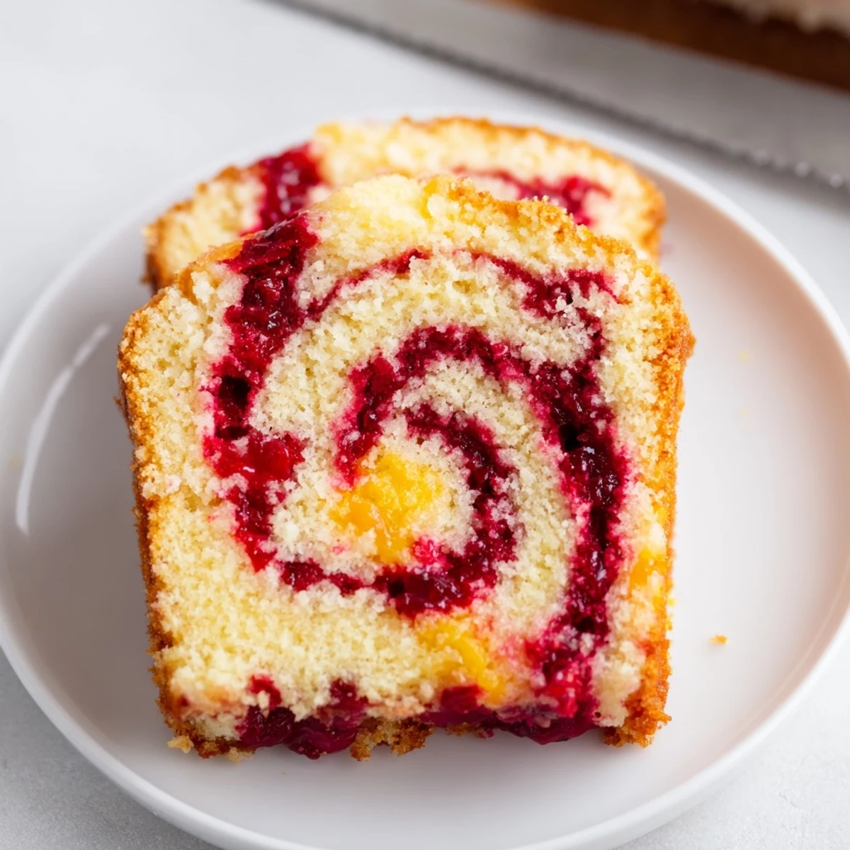 Imagine a slice of this Cranberry Orange Swirl cake with vibrant flavors and colors.