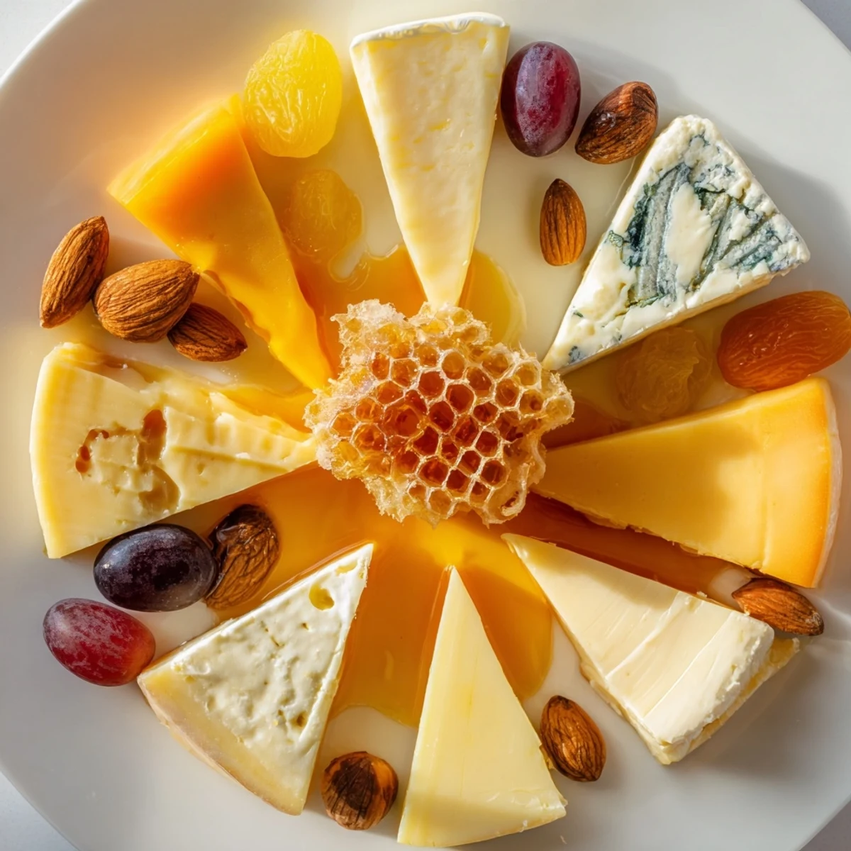 A beautiful Gilded Hive cheese board features hexagon-cut cheeses and crackers around a honeycomb.
