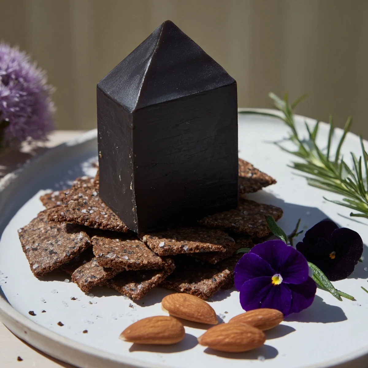 Black wax cheddar cheese, the centerpiece of The Obsidian Peak, paired with dark crackers and almonds.