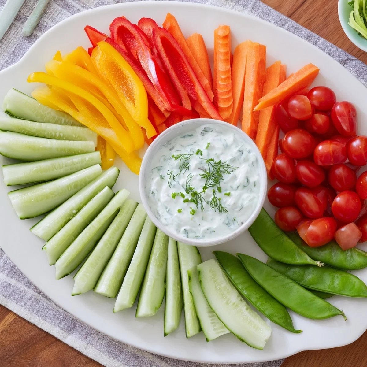 A colorful Veggie Platter with fan-shaped cucumbers and carrots, perfect for dipping in herbed yogurt.