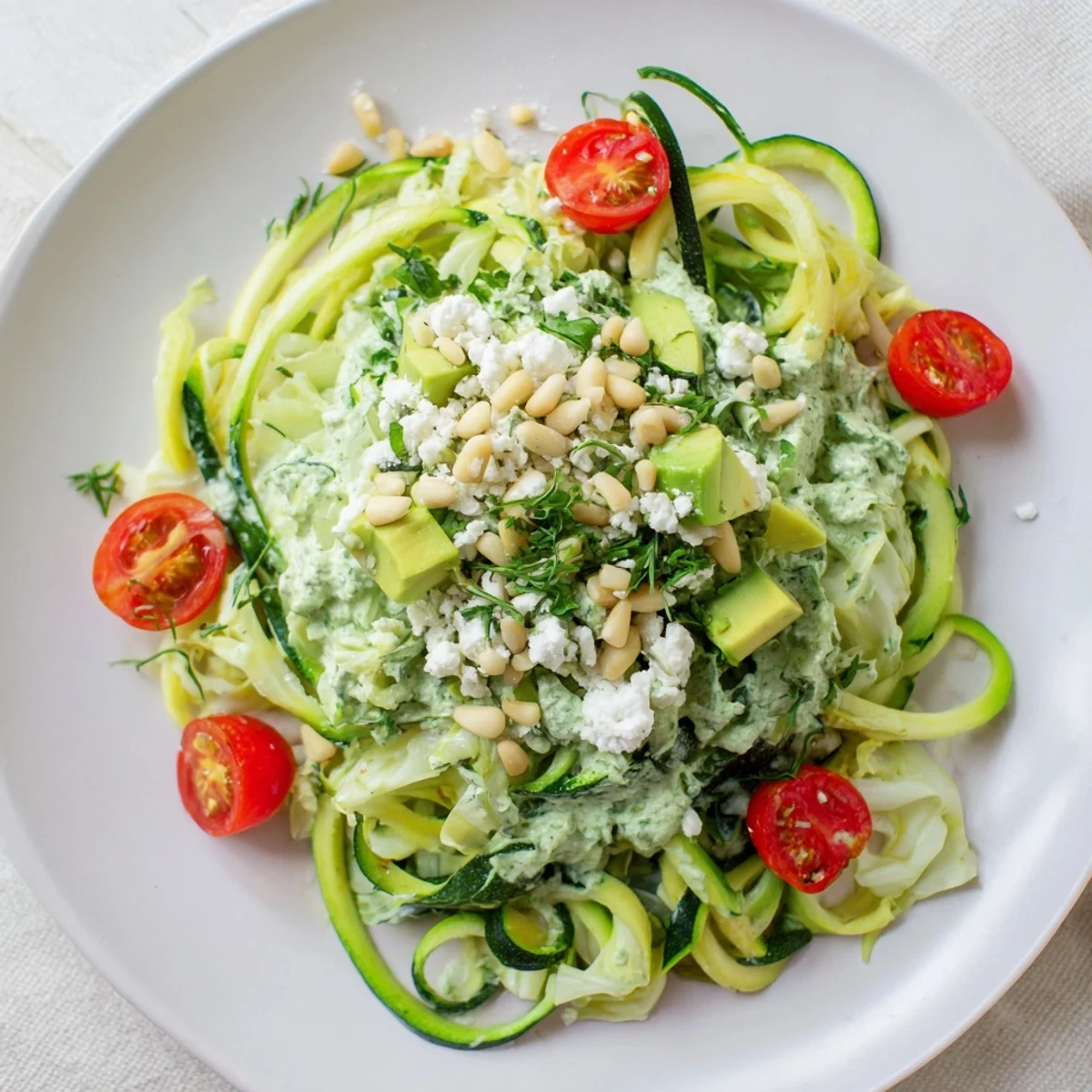 Vibrant Green Goddess Zoodle Pasta garnished with fresh herbs and creamy avocado, ready to serve.