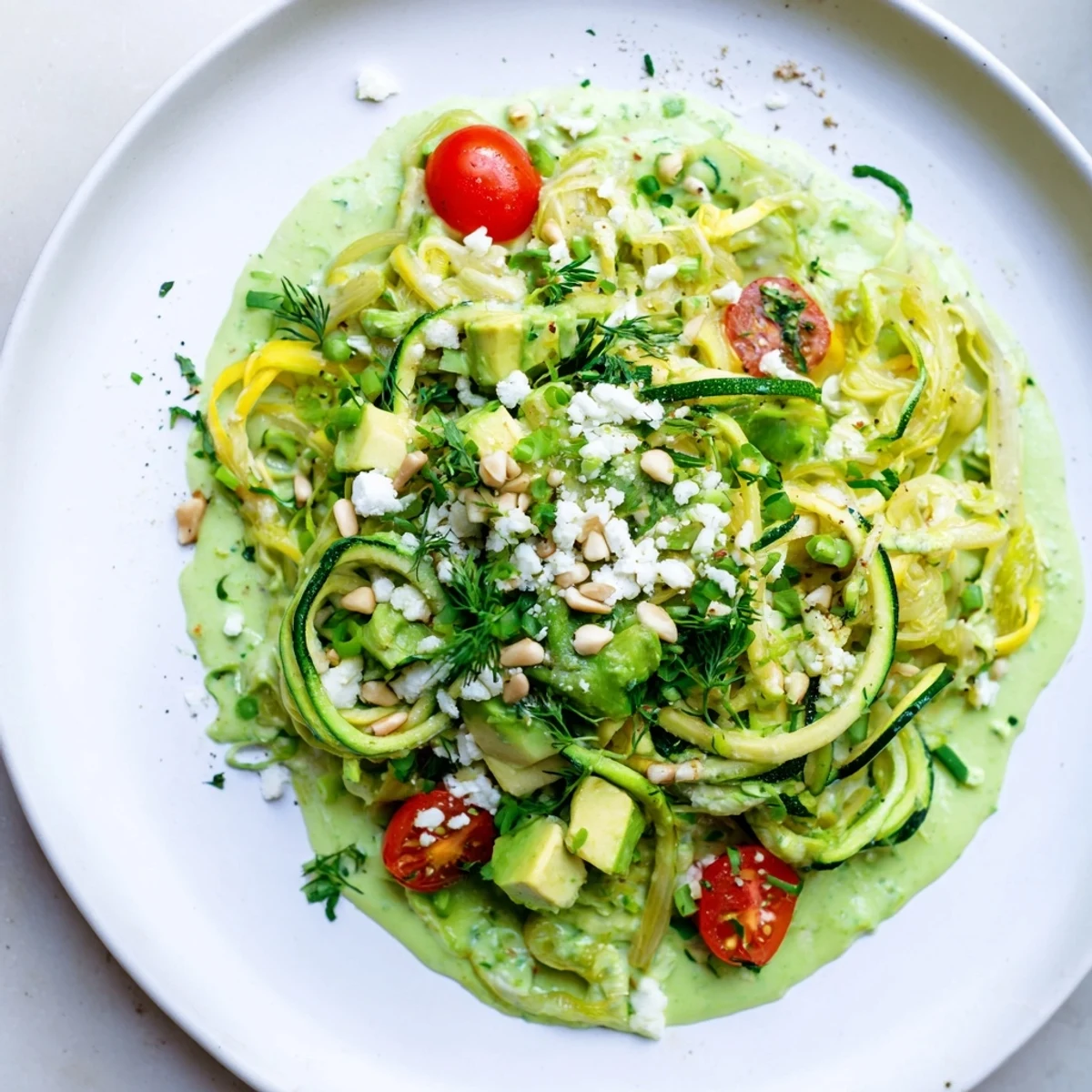 Creamy Green Goddess Zoodle Pasta, featuring bright zucchini noodles and a fresh, herby sauce, looks delicious.