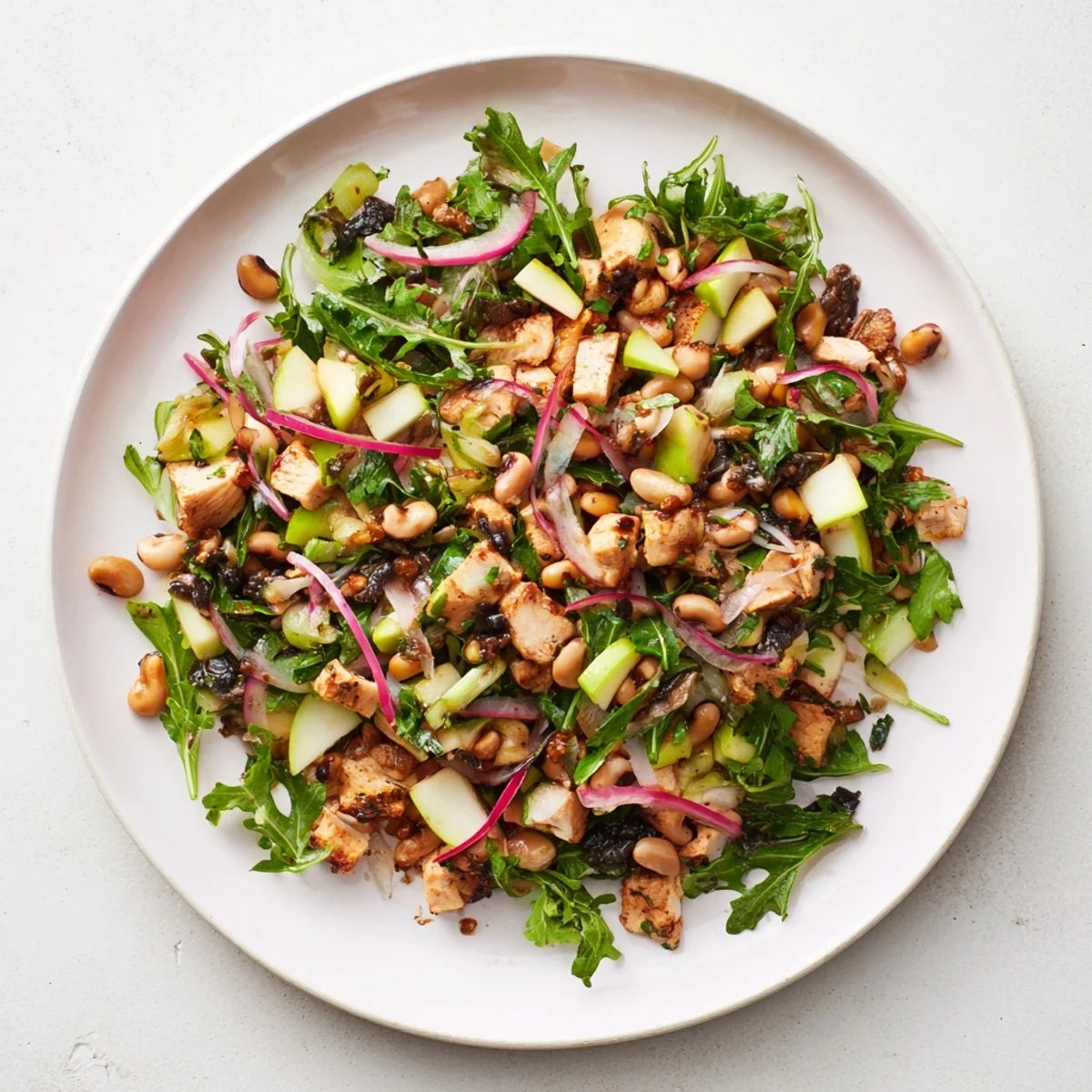 This Chicken and Apple New Years Luck Salad shows off diced chicken and crisp apples with honey-mustard dressing, ready to eat.