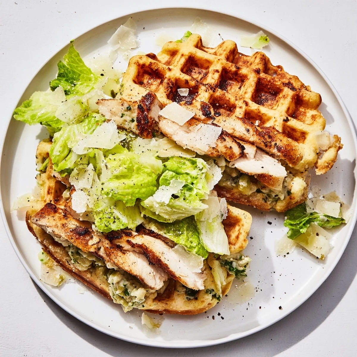 Golden-brown Chicken Caesar Waffle Sandwich, overflowing with fresh salad and grilled chicken, ready to enjoy.