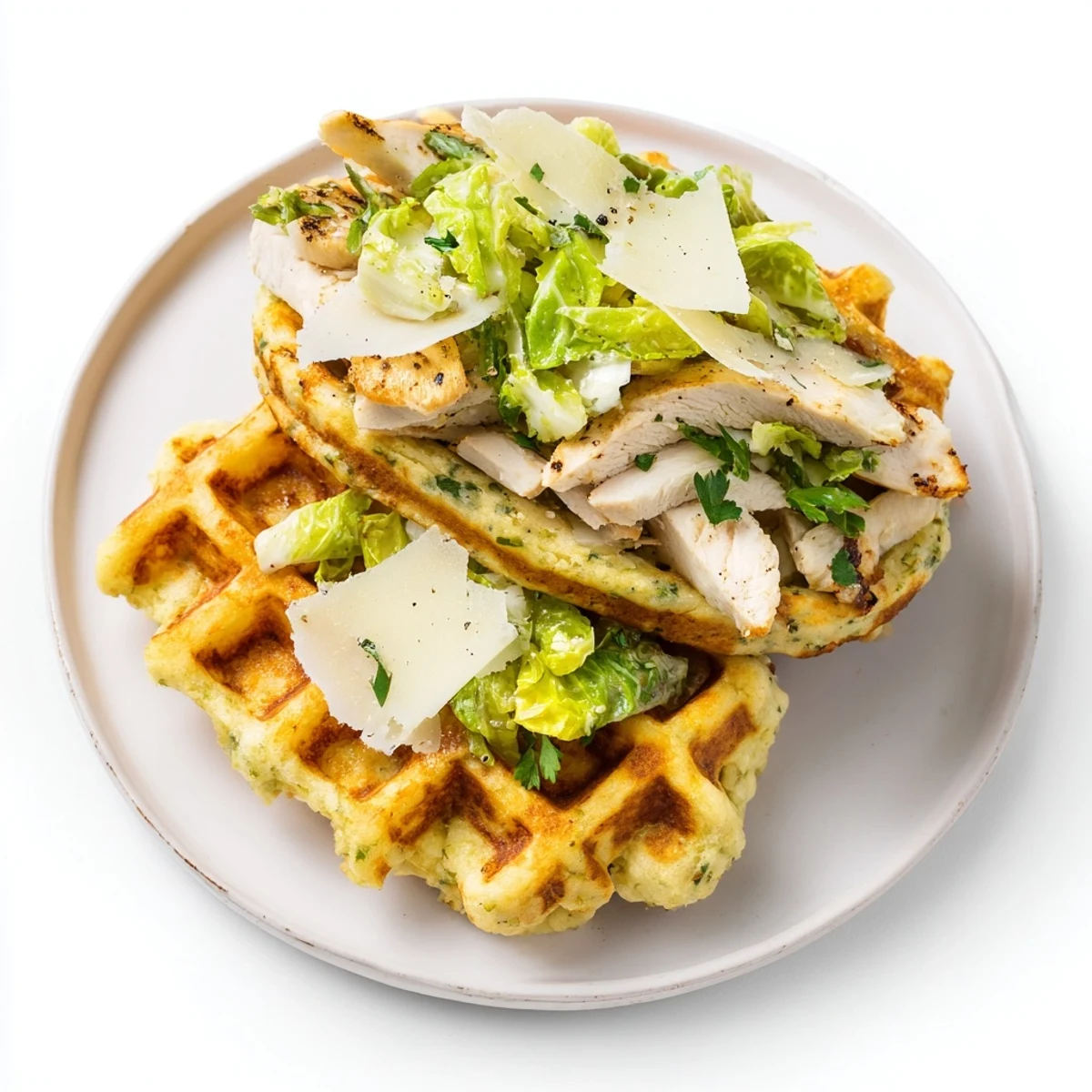 A close-up of a stacked Chicken Caesar Waffle Sandwich, showcasing juicy chicken and crisp romaine lettuce.