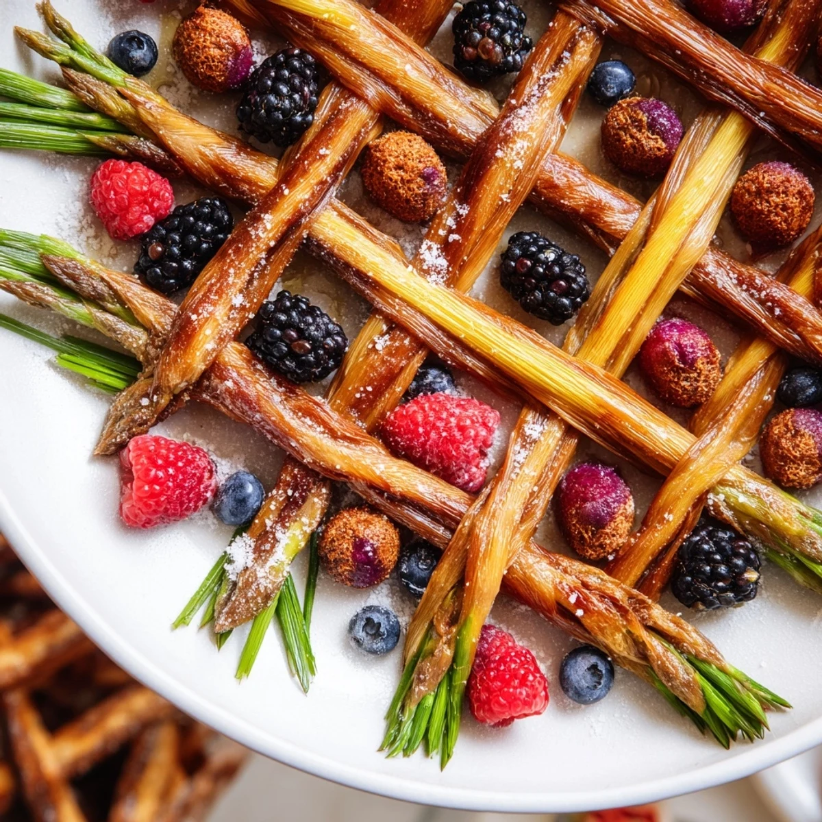 Enticing Botanical Lattice appetizer with vibrant fruits, asparagus, and chives, ready to serve and enjoy.