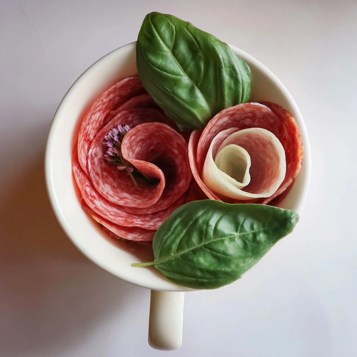 A stunning close-up of The Victorian Tea Rose appetizer roses, nestled in small porcelain teacups.
