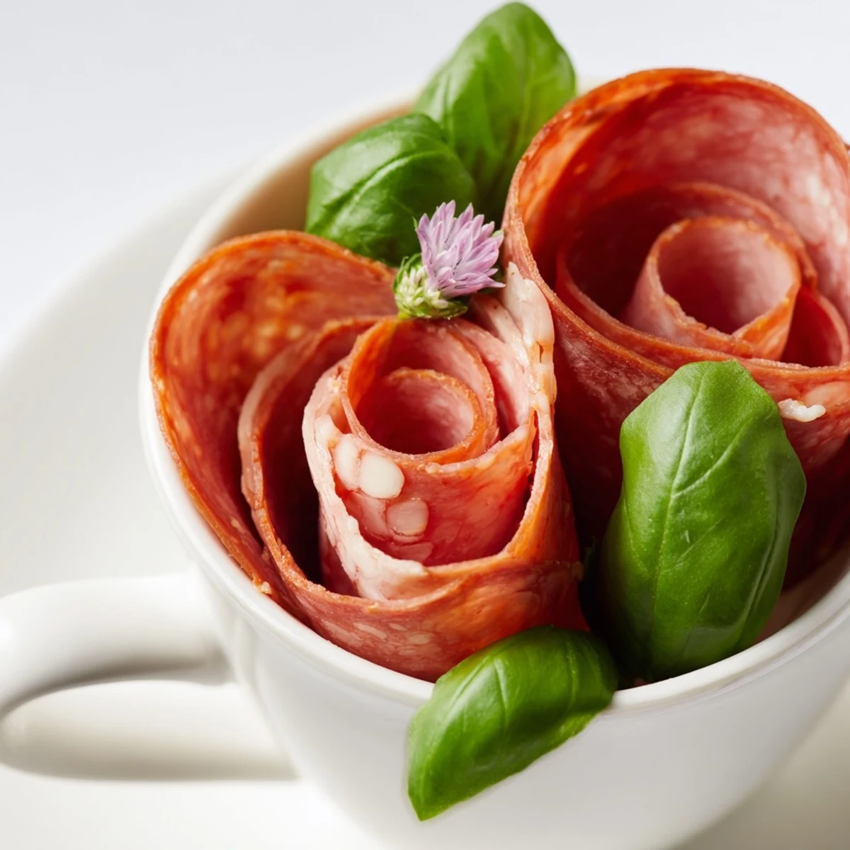 Delicate salami and pepperoni shaped into roses make up this beautiful Victorian Tea Rose appetizer.