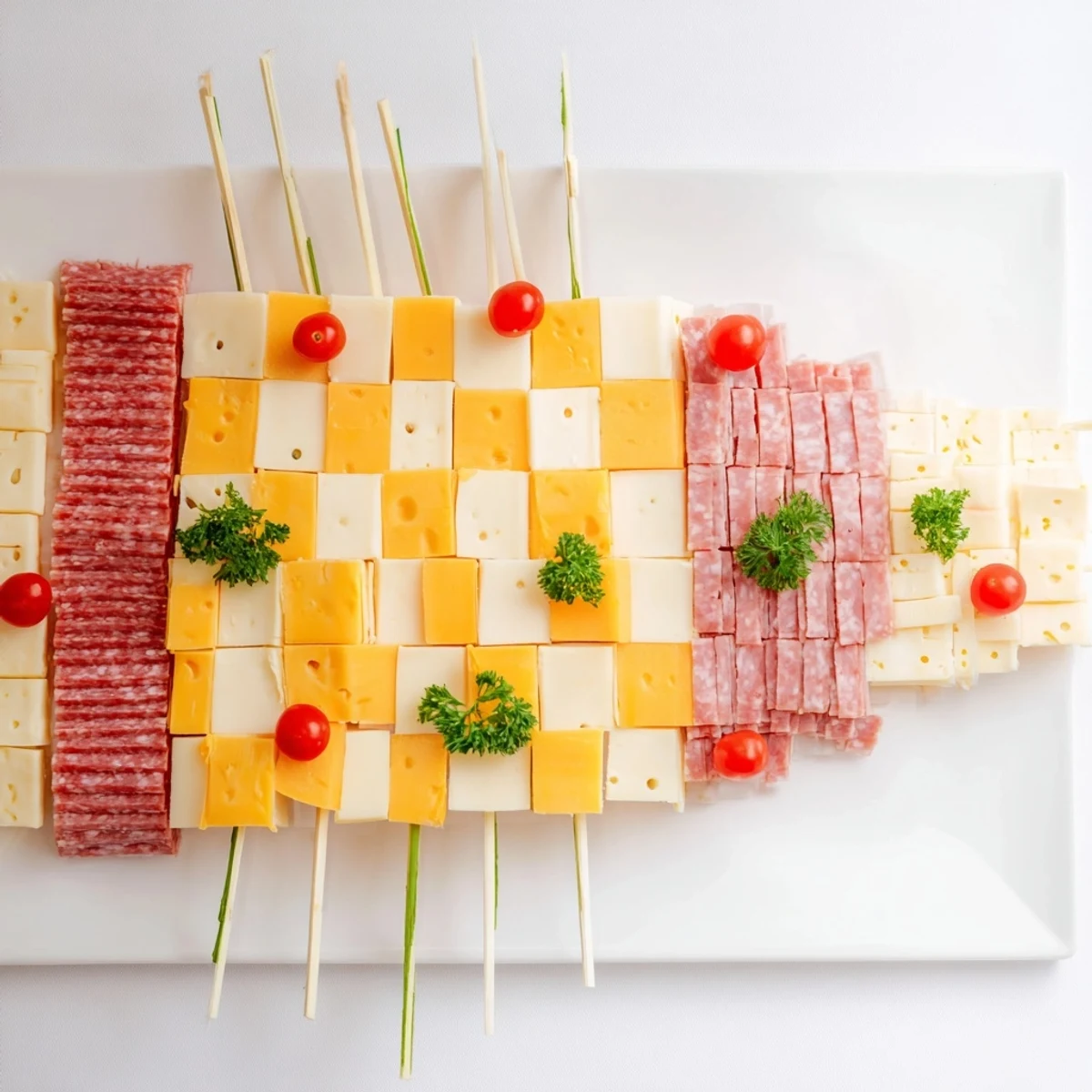 A visually stunning Checkerboard Chalet appetizer with layered cheese, meats and a charming, edible chalet.