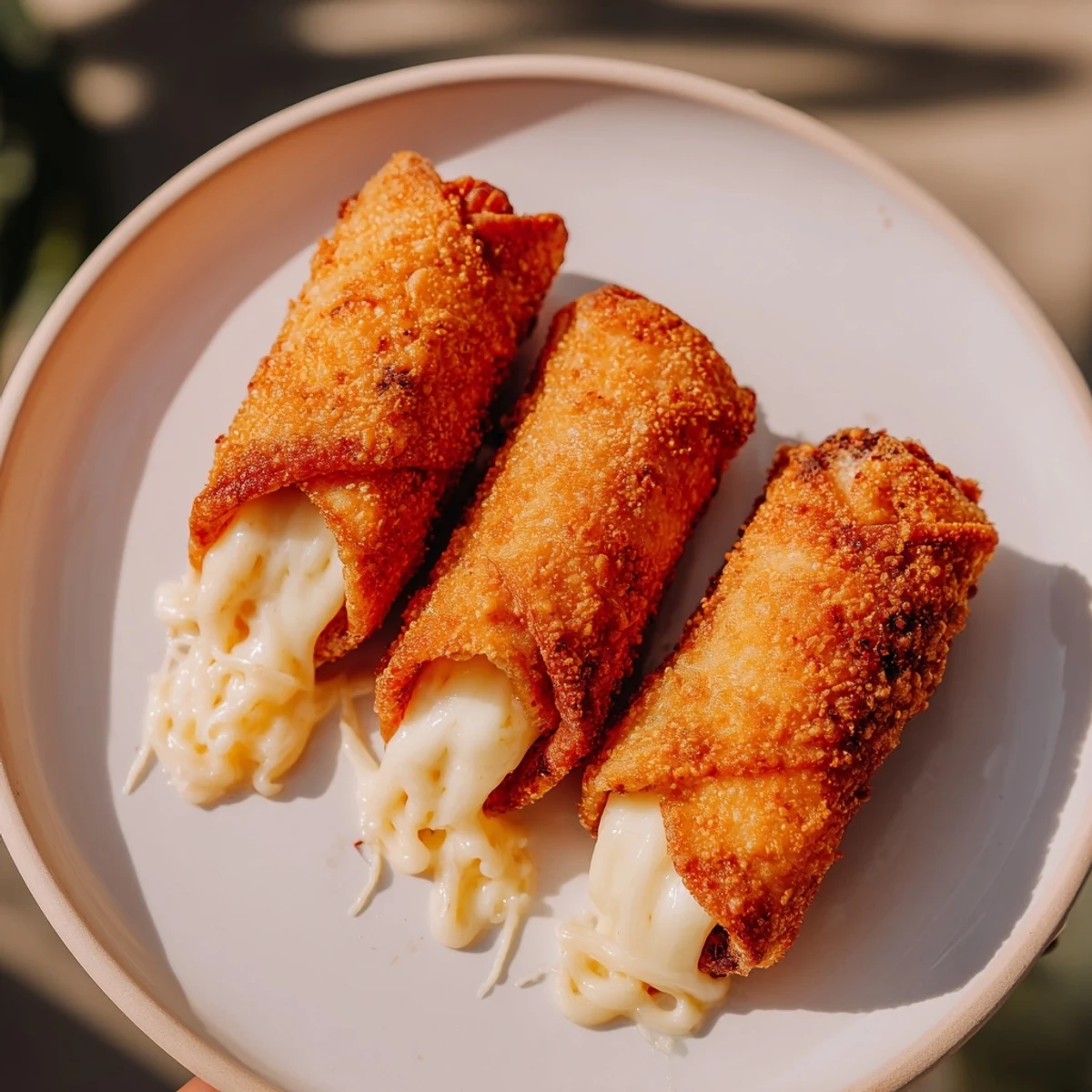 Golden-brown Tinis Mac and Cheese Lumpia Rolls, crispy skin revealing a creamy, cheesy interior perfect for dipping.