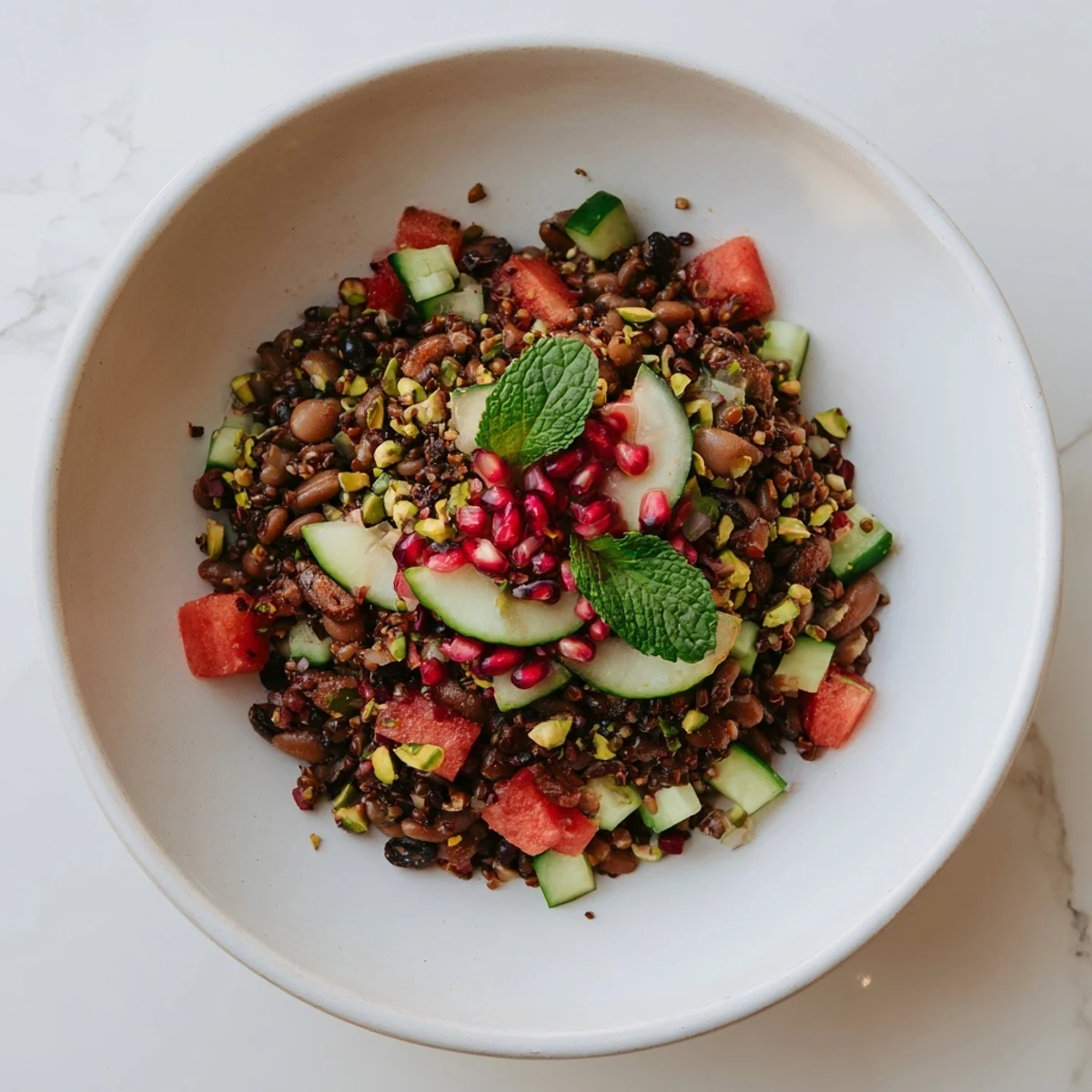Hearty Dense Bean Salad with Dubai Chocolate Notes, a Middle Eastern-inspired dish perfect for a flavorful lunch.