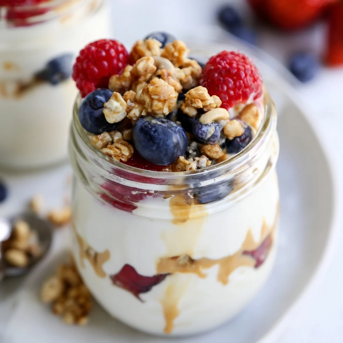 Creamy cashew butter yogurt parfait layered with berries and granola, ready to eat.