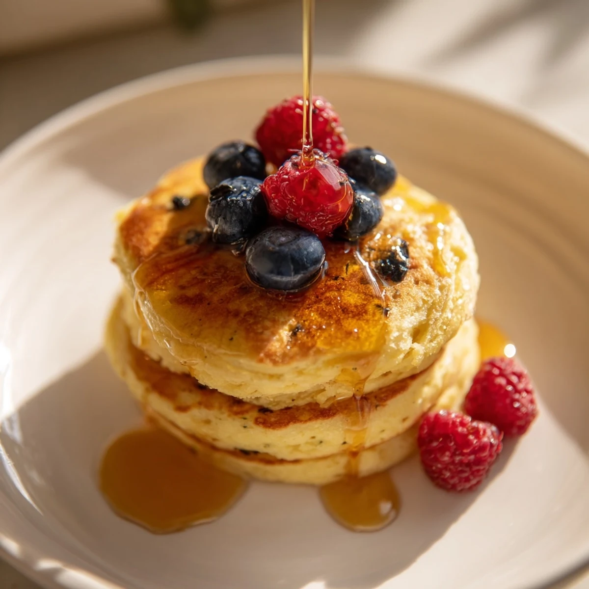A stack of warm Lemon Ricotta Pancakes ready to be enjoyed, perfect for brunch.