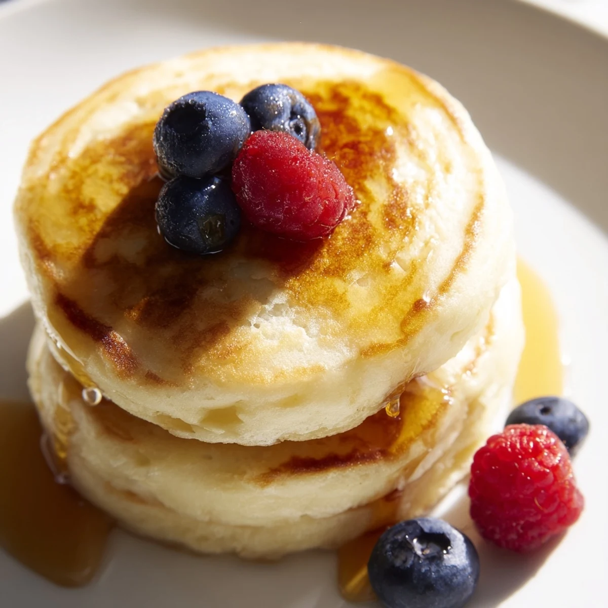 Fluffy Lemon Ricotta Pancakes golden brown, served with fresh berries and drizzled syrup.