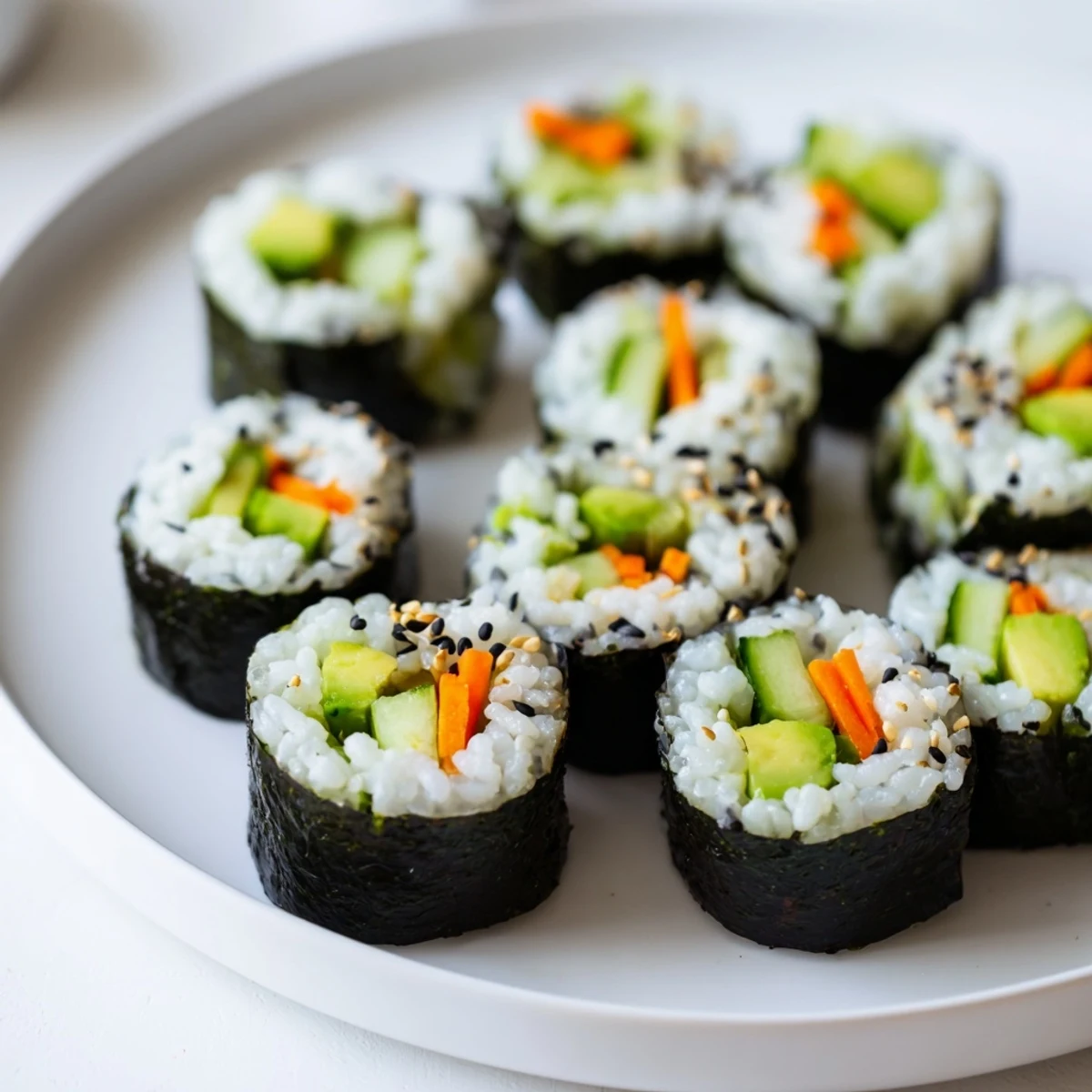 These beautiful Avocado Cucumber Sushi rolls feature bright green avocado slices and crisp cucumber for a tasty vegan treat.