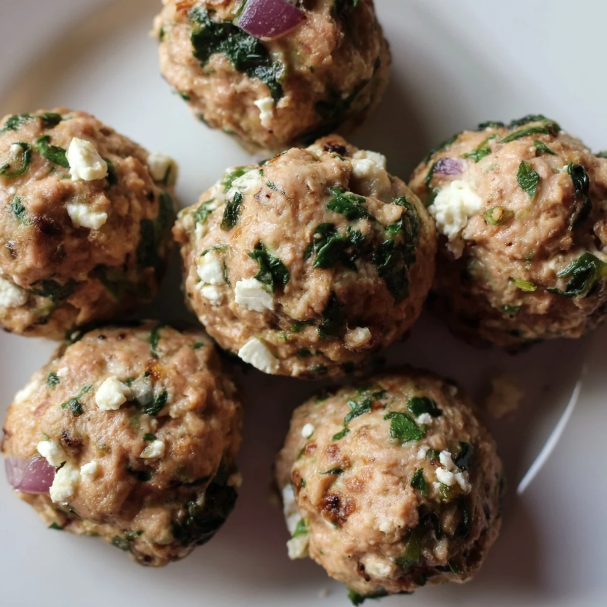 Golden baked spinach feta turkey meatballs, served with fresh parsley, perfect for a Mediterranean-inspired dinner.