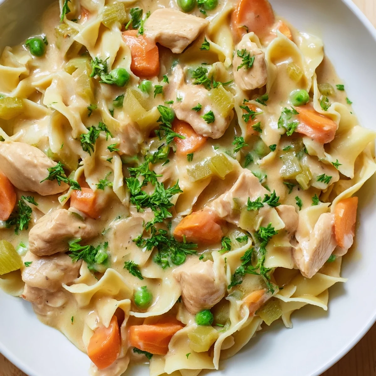 A steaming bowl of creamy chicken and egg noodles, rich sauce and savory aroma.