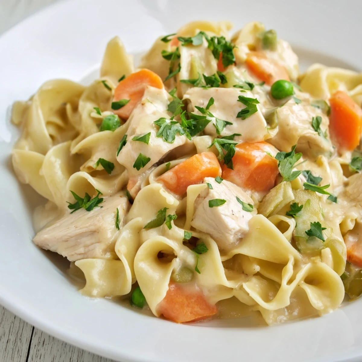 Close-up of hearty creamy chicken and egg noodles, a comforting American dinner ready to serve.