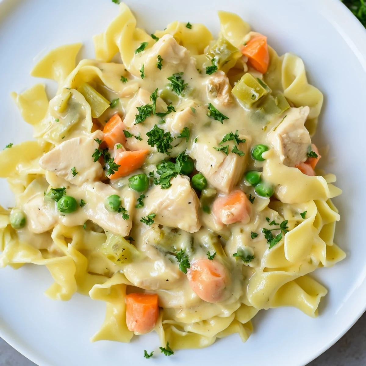 Golden brown chicken pieces atop a bed of creamy chicken and egg noodles, garnished with parsley.