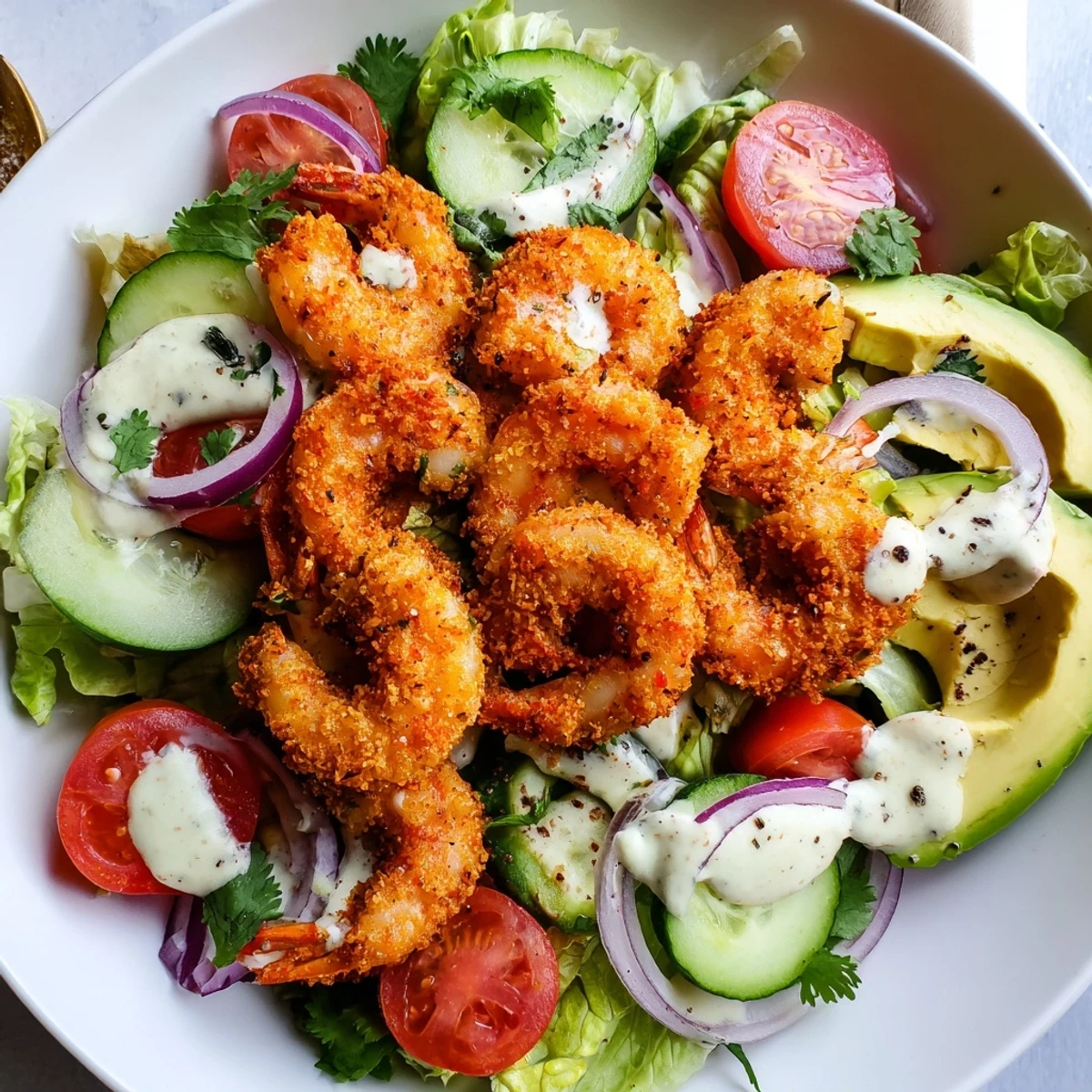 Close-up of Spicy Crispy Shrimp Salad: golden shrimp atop fresh greens, a spicy, flavorful meal.