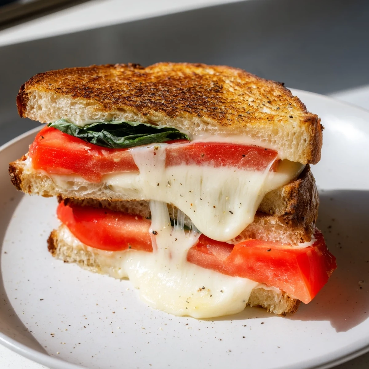 Crisp bread surrounds a cheesy, herby Tomato Basil Grilled Cheese, ready for a delicious bite.