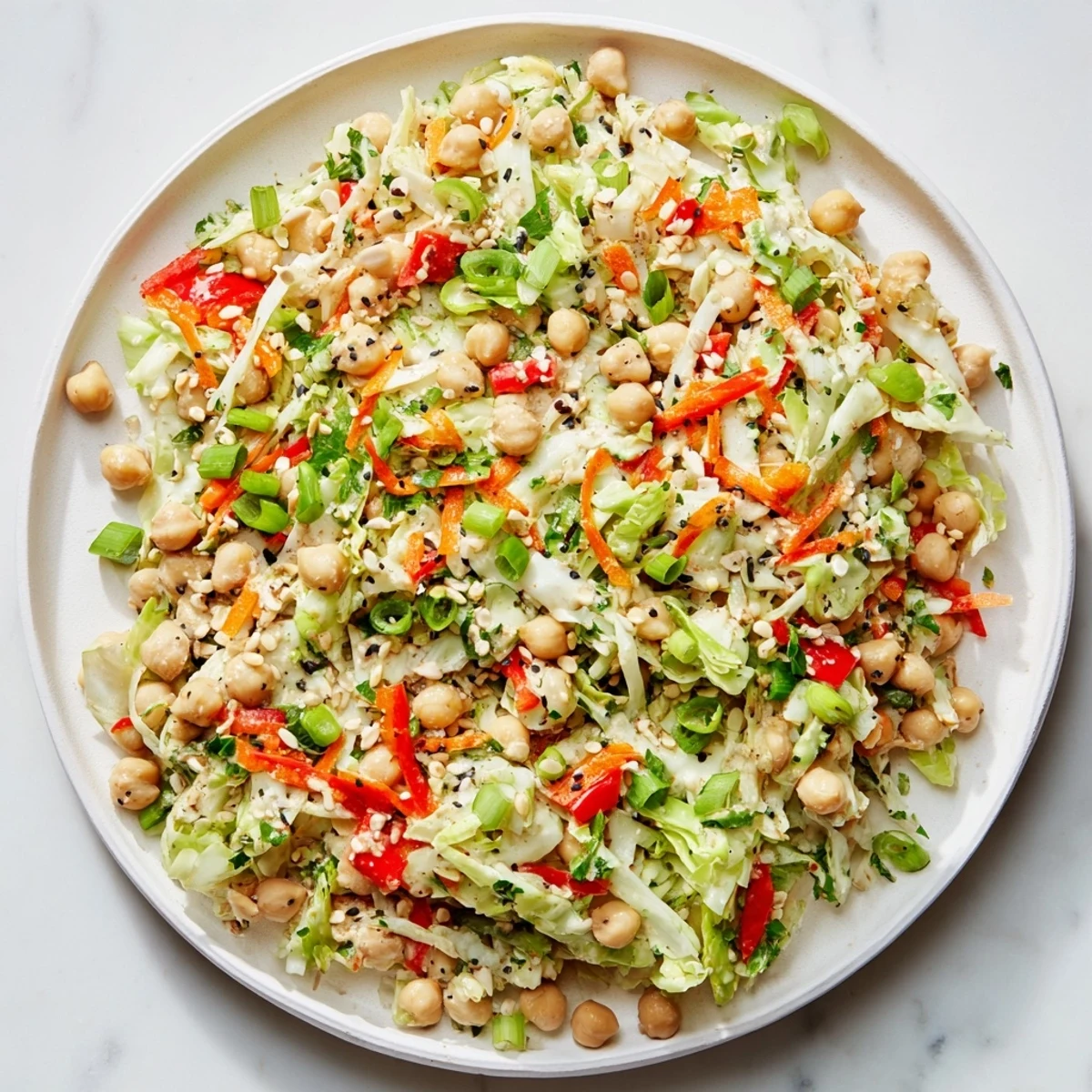 Vibrant Fiber-Forward Chickpea Salad showcasing chickpeas, colorful veggies, and a creamy tahini dressing.