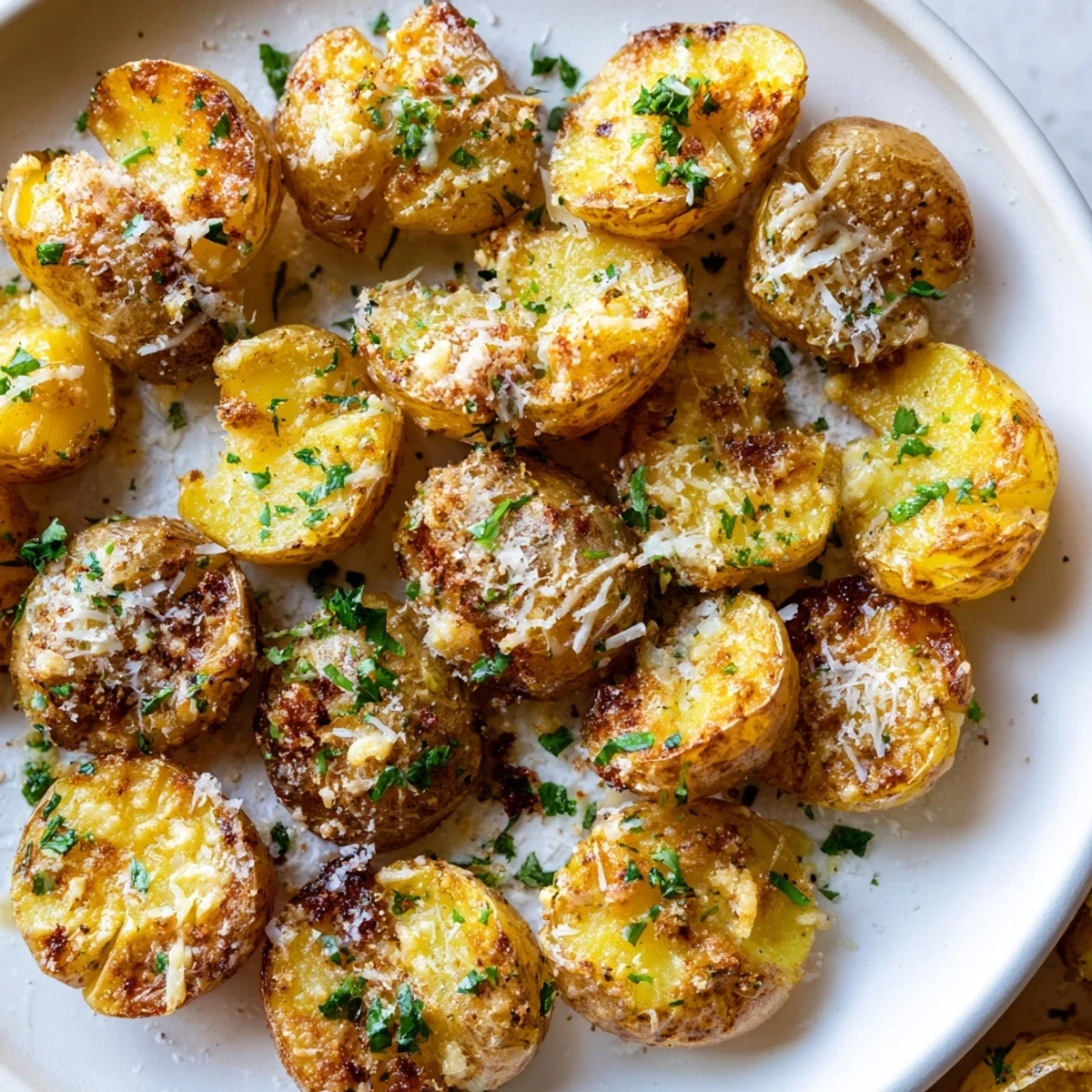 Golden, ultra-crispy garlic Parmesan potatoes ready to serve with a sprinkle of fresh parsley.