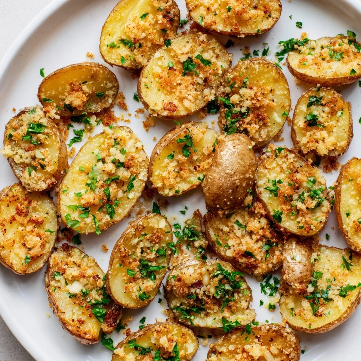 Close up shot of crispy garlic Parmesan potatoes, coated in melted butter, a savory treat.