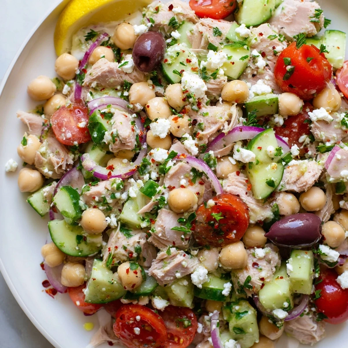 Close-up of a refreshing tuna chickpea salad, brimming with colorful vegetables and savory dressing.