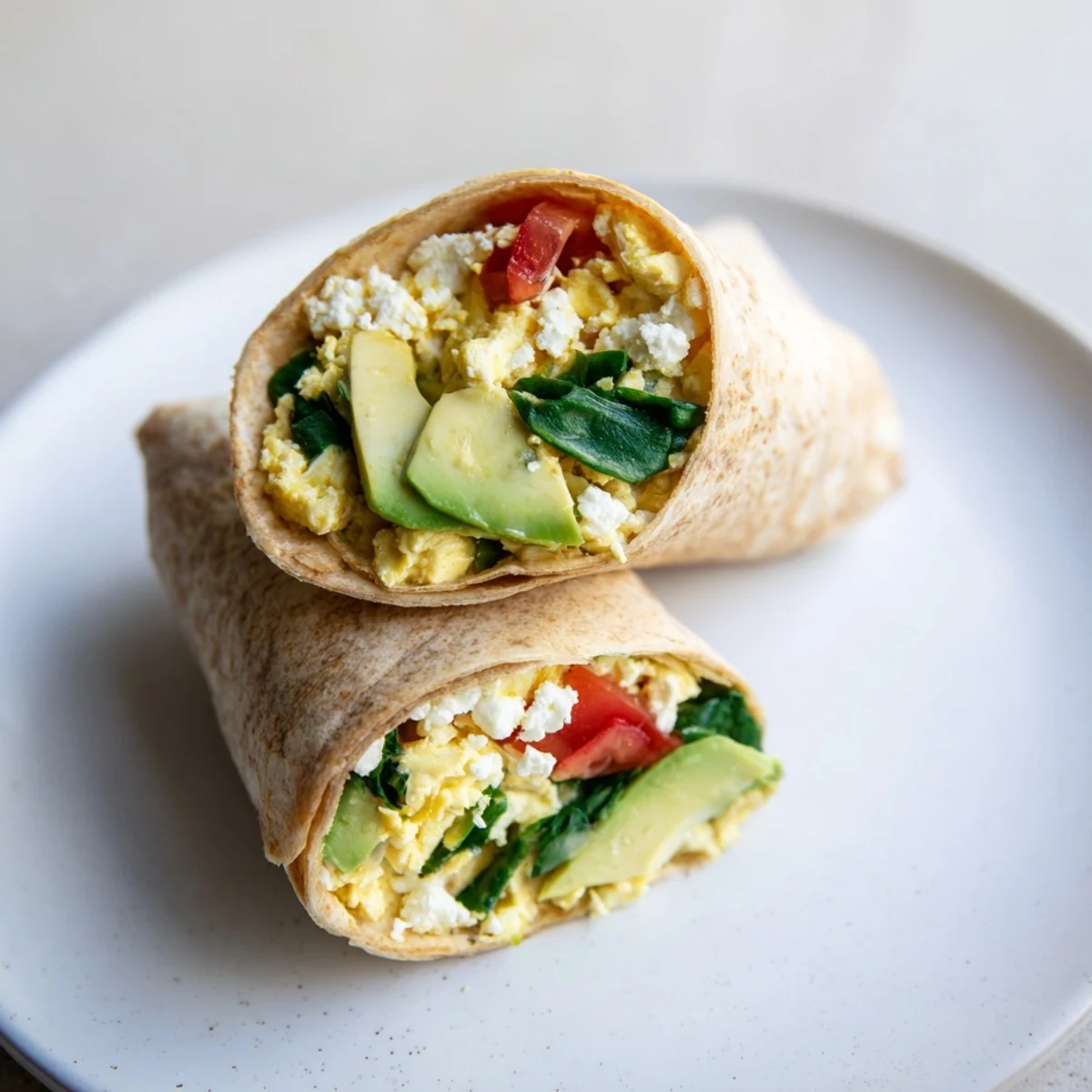 Delicious breakfast: A comforting feta egg wrap bursting with creamy feta cheese and fresh vegetables.