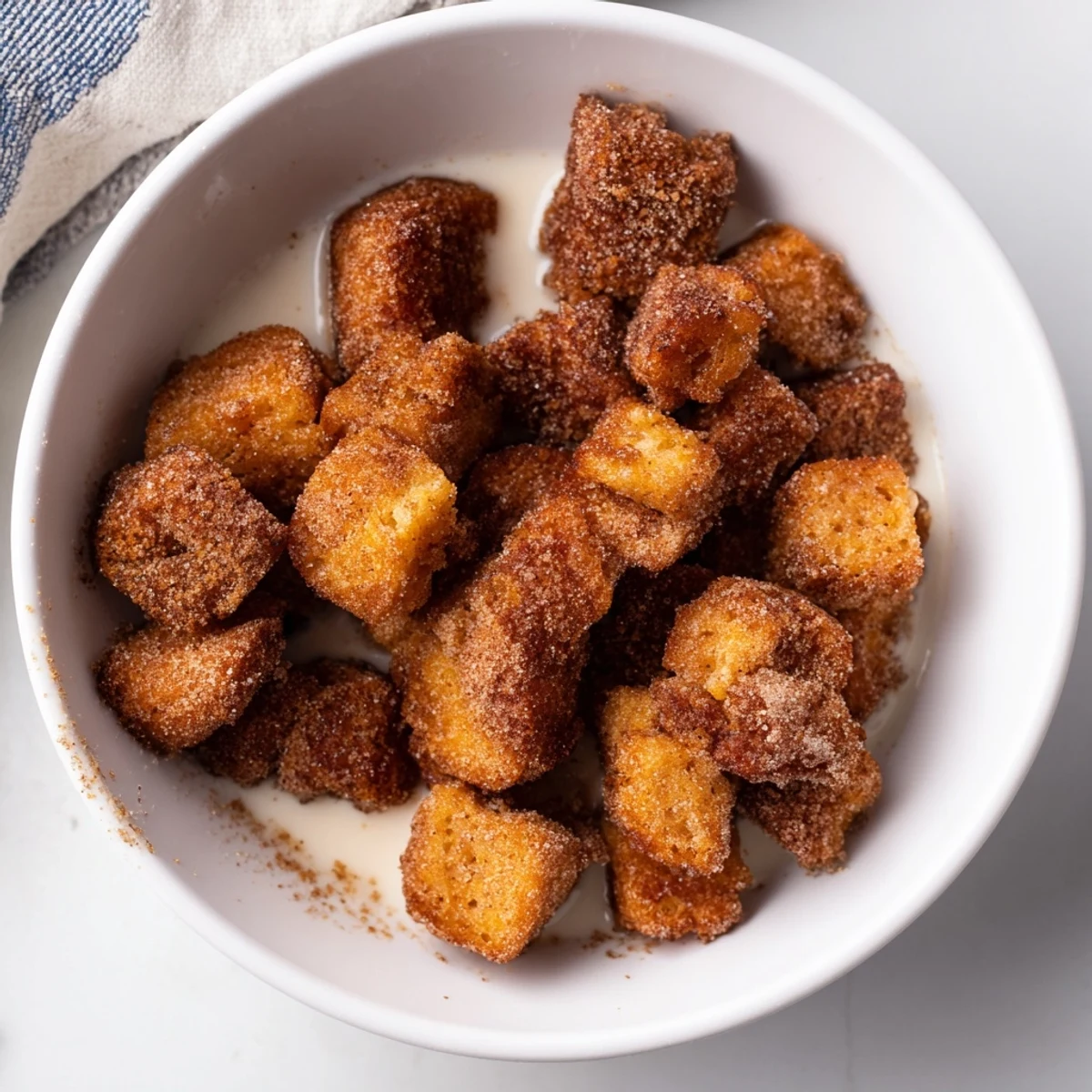 Warm, bite-sized French toast cereal piled in a bowl, a fun and easy breakfast idea bursting with flavor.