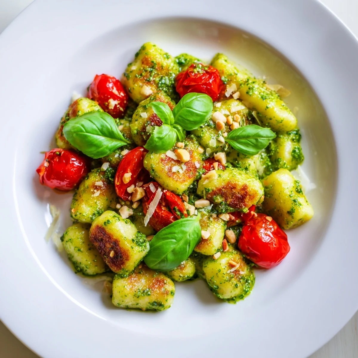 Golden, crispy gnocchi with pesto, cherry tomatoes, and Parmesan promise a delicious Italian meal tonight.