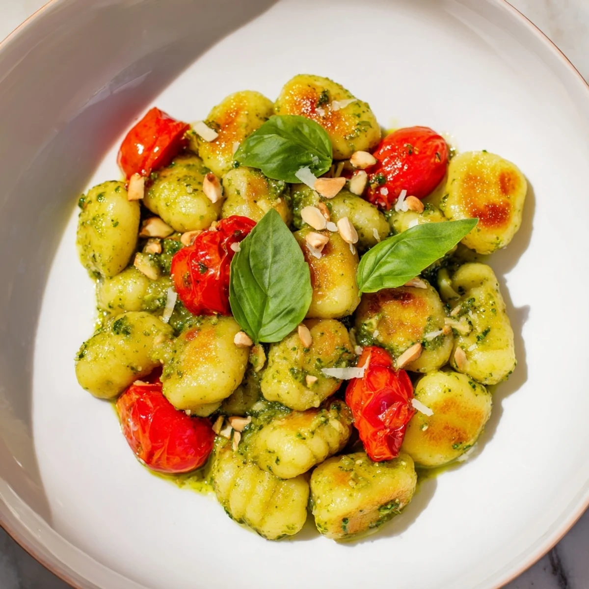 Vibrant green pesto coats pan-fried crispy gnocchi dotted with bright red cherry tomatoes for a flavorful dish.