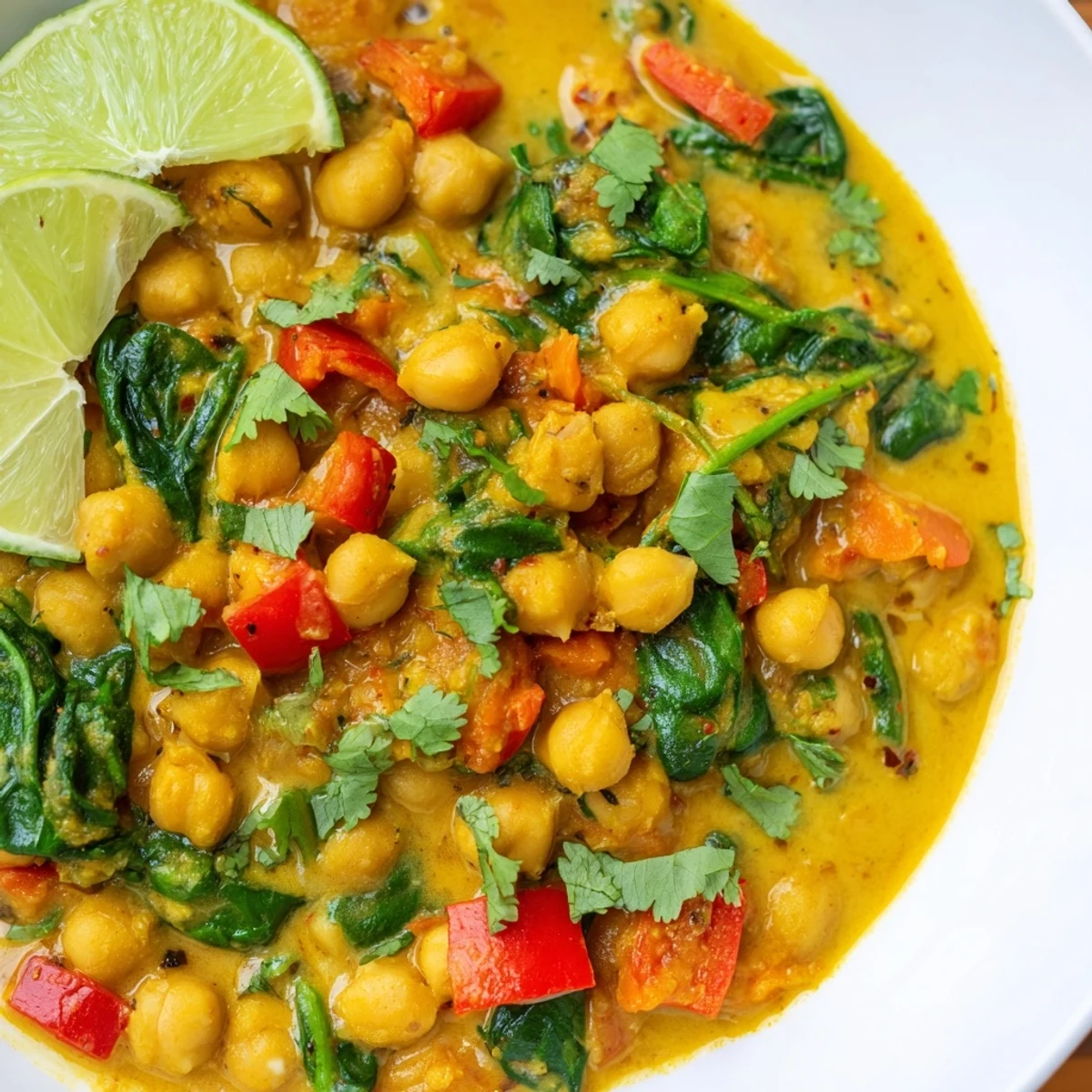 Bright red bell peppers and chickpeas simmer in creamy coconut milk for this flavorful Chickpea Curry.