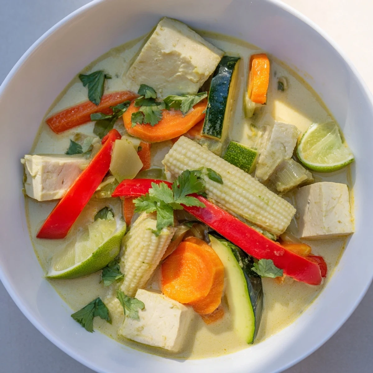 A close-up of flavorful Thai Green Curry Coconut Soup, garnished with cilantro and lime wedges, ready to eat.