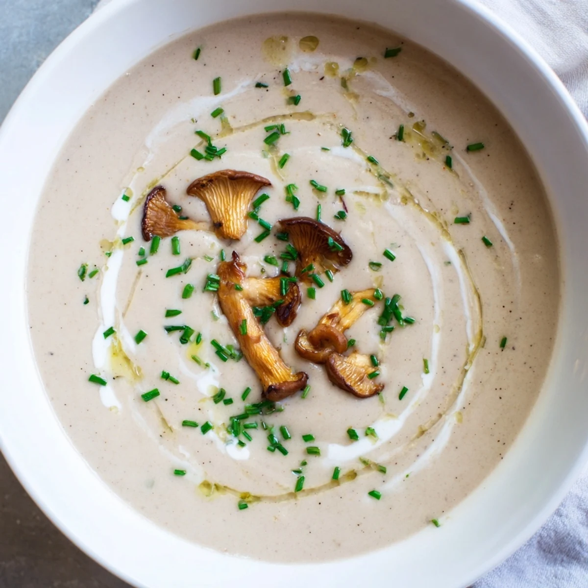 Creamy mushroom bisque, a warm bowl of creamy soup with visible fresh herbs on top.
