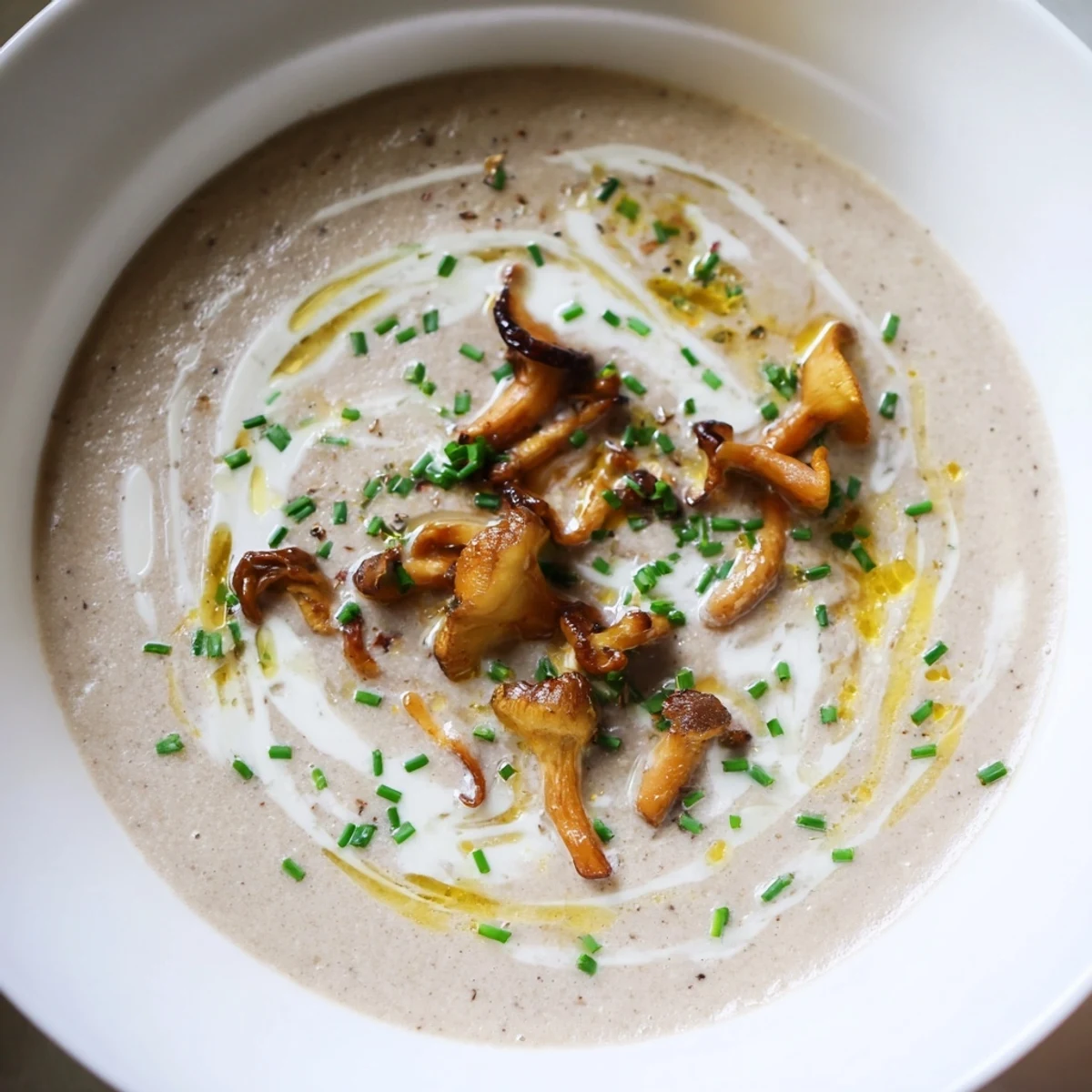 Thick and rich creamy mushroom bisque, served in a white bowl with a swirl of cream.